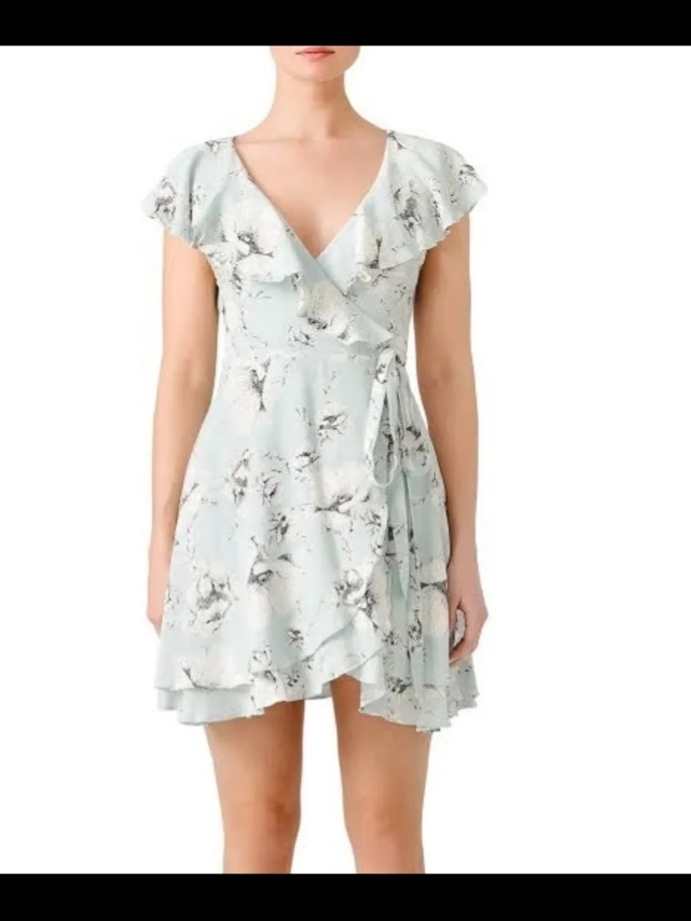 Free People Light Blue Floral French Quarter Mini Wrap Dress